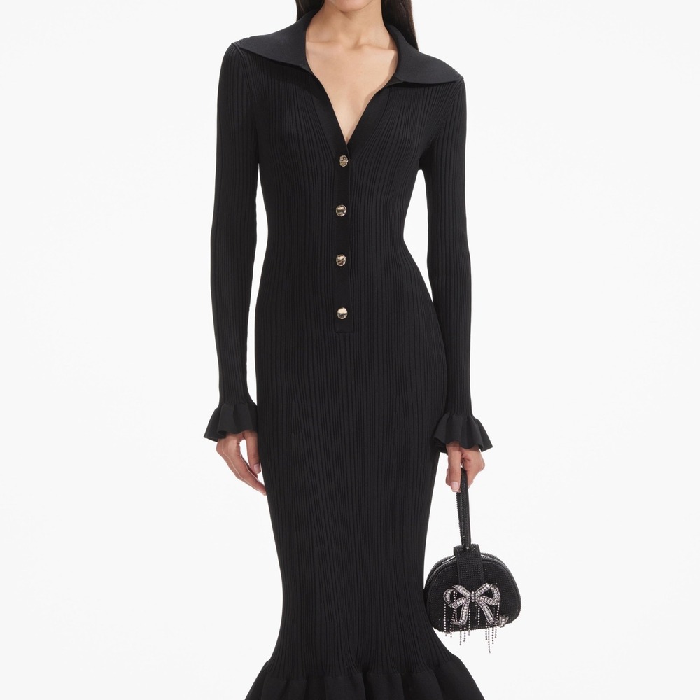 NWT Self-Portrait Black Ribbed Knit Fluted Midi Dress $555‎ - Size Small - Picture 8 of 16